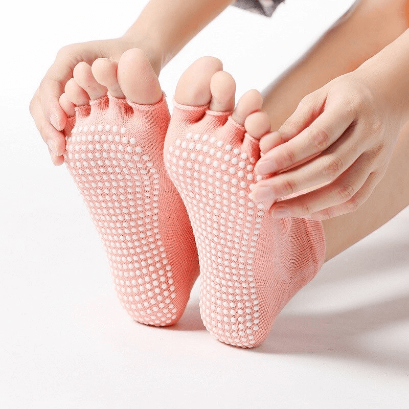 Yoga Women's Anti-Slip Open Fingers Socks - Pink Cotton with White Grips